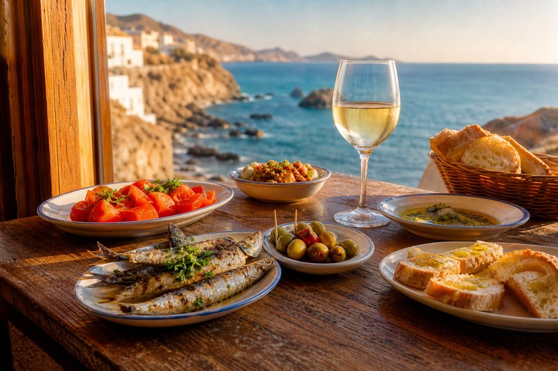 Productos típicos de la gastronomía almeriense: tomates, pescado fresco y aceite de oliva