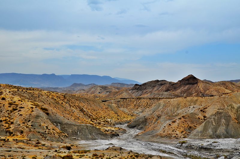 Paisaje del desierto de Tabernas con ramblas erosionadas y vegetación xerófita bajo un cielo despejado
